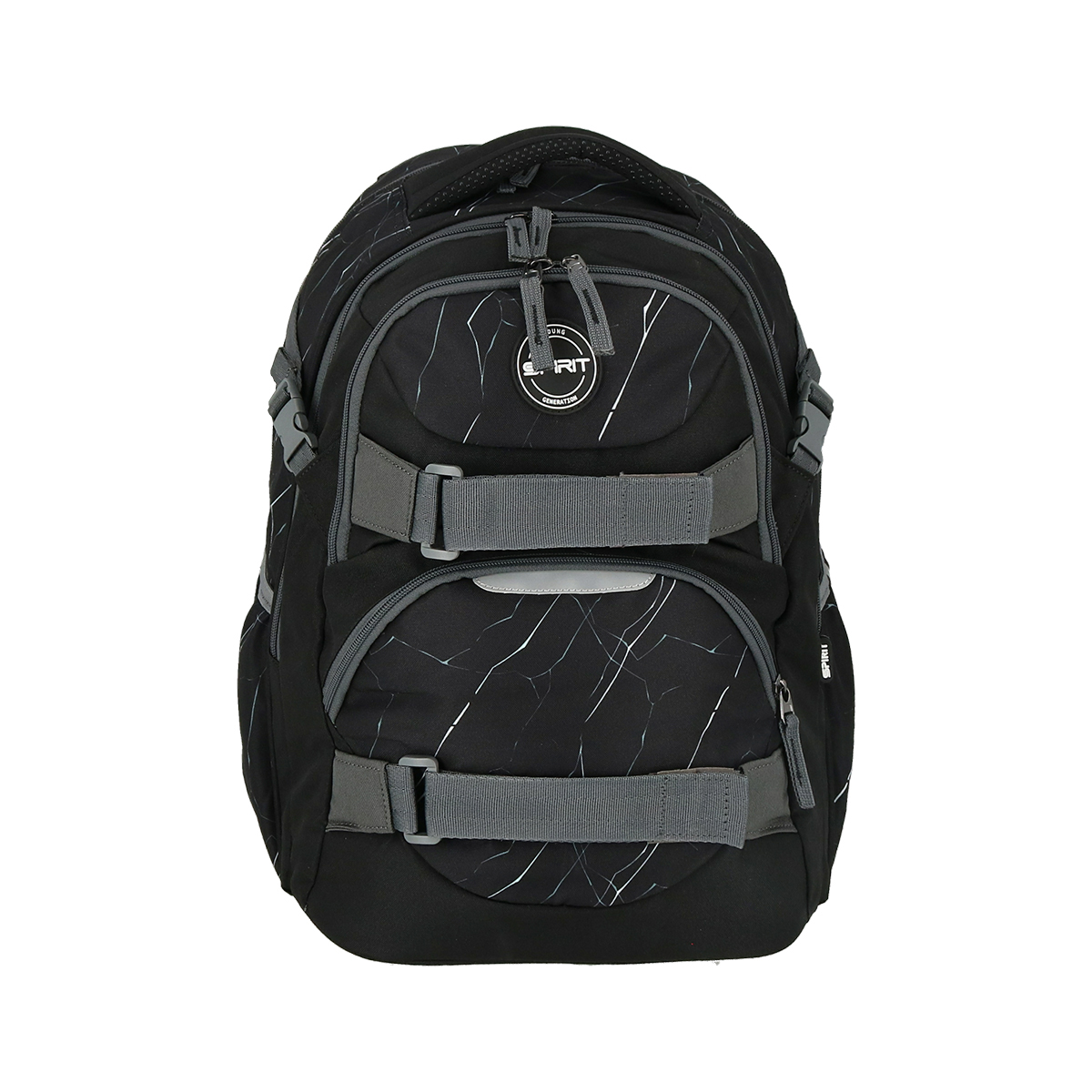 schwarzer Rucksack mit grauen Akzenten. Geometrisches Muster in Schwarz und Weiß. Zwei große Fächer und verstellbare Gurte.