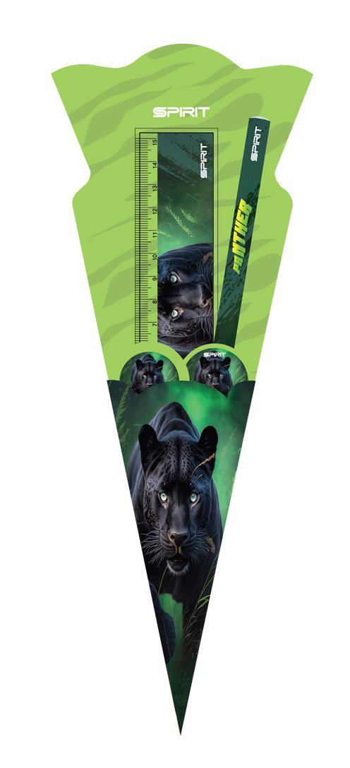 Grüner Schultüten-Design mit einem schwarzen Panther. Enthält ein Lineal und einen Bleistift. Panther mit leuchtenden Augen, auf grünem Hintergrund.