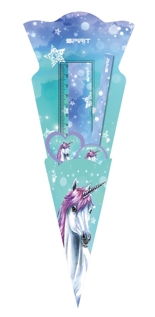 Schultüte mit einem Einhornmotiv. Farbverlauf in Blau und Lila, enthält Lineal und Radierer.