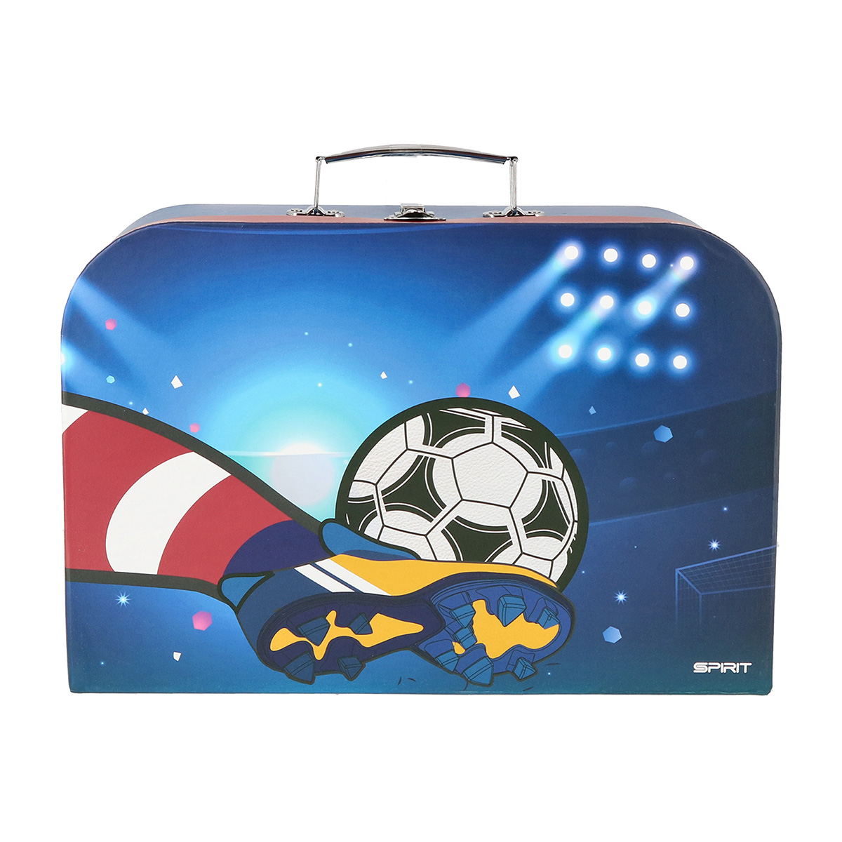 Koffer mit Fußballmotiv. Blaues Design, Fußball und Fußballschuh abgebildet. Griffe oben, rechteckige Form.