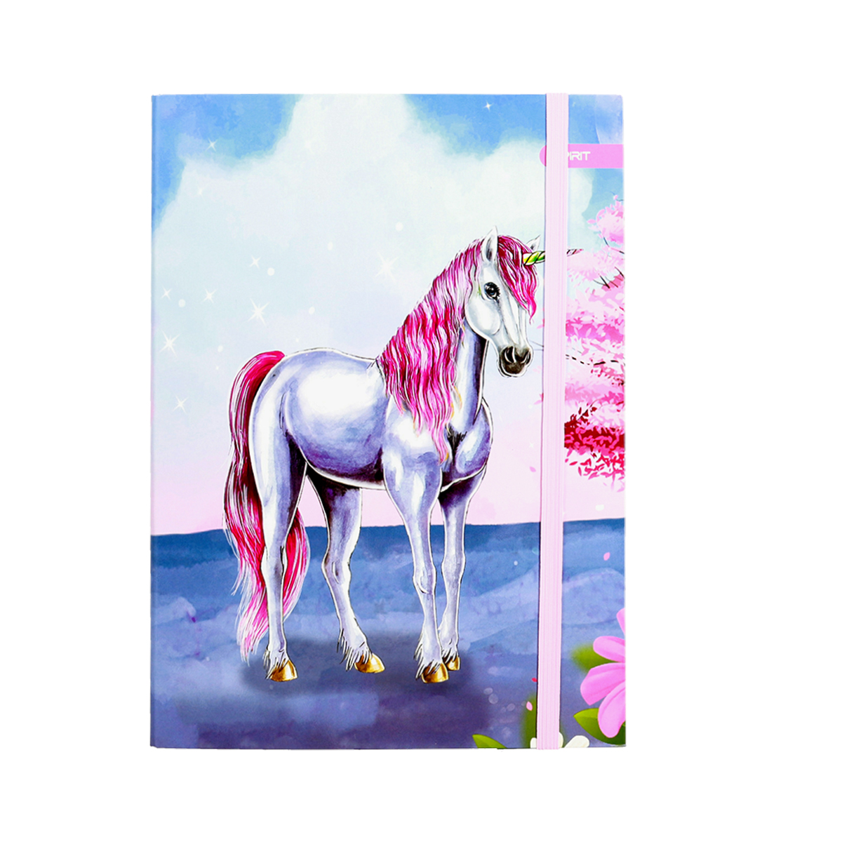 Notizbuch mit einem Einhorn auf dem Cover. Das Einhorn hat eine silberne Farbe und pinke Mähne.