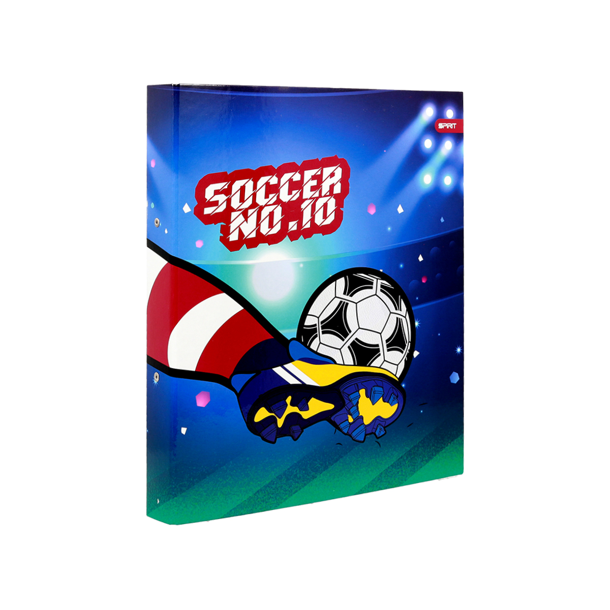 Buchcover mit dem Titel Soccer No. 10. Grafische Darstellung eines Fußballs und Fußballschuhen auf buntem Hintergrund.