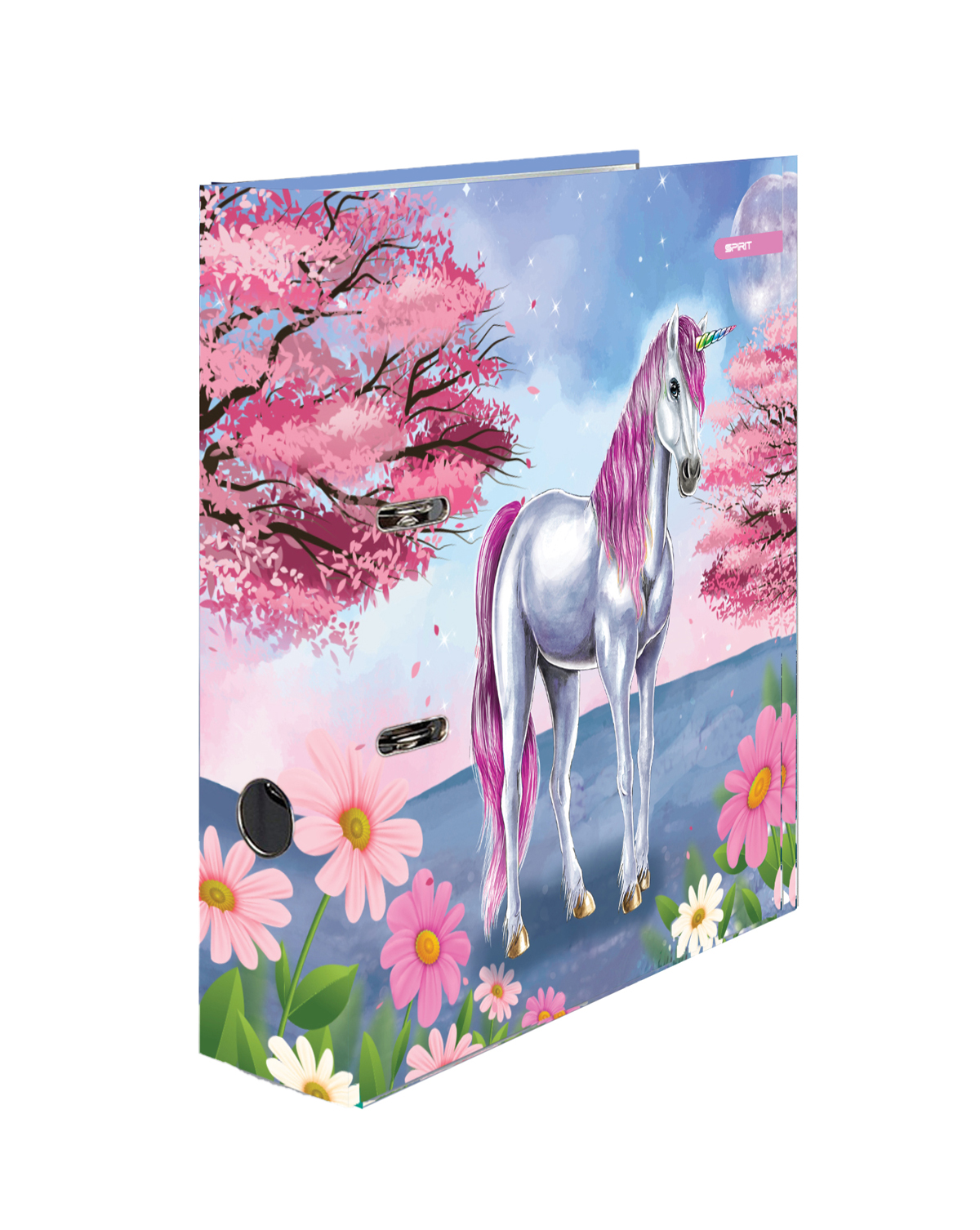 Ordner mit einem Einhorn und blühenden Kirschbäumen. Bunte Blumen im Vordergrund.