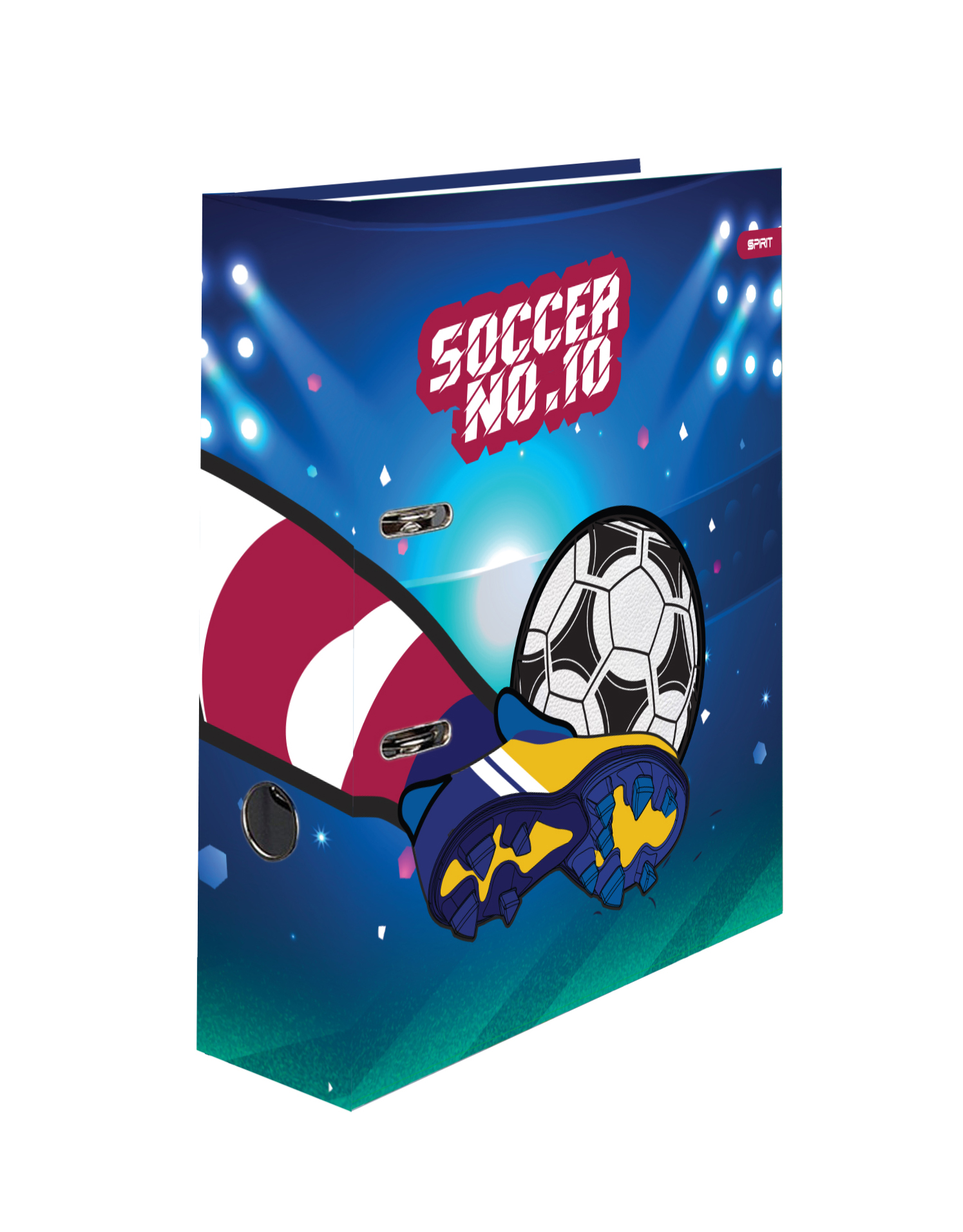 Ordner mit Fußballmotiv. Dunkelblauer Hintergrund, Fußball und Fußballschuhe abgebildet. Aufschrift 'SOCCER NO.10'.