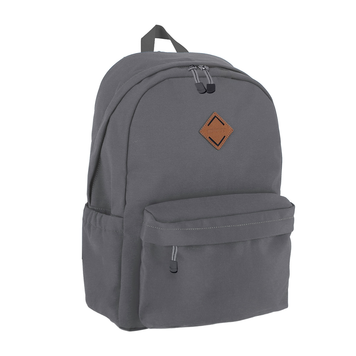 Grauer Rucksack mit zwei Fächern. Ein kleines vorderes Fach und ein großes Hauptfach.