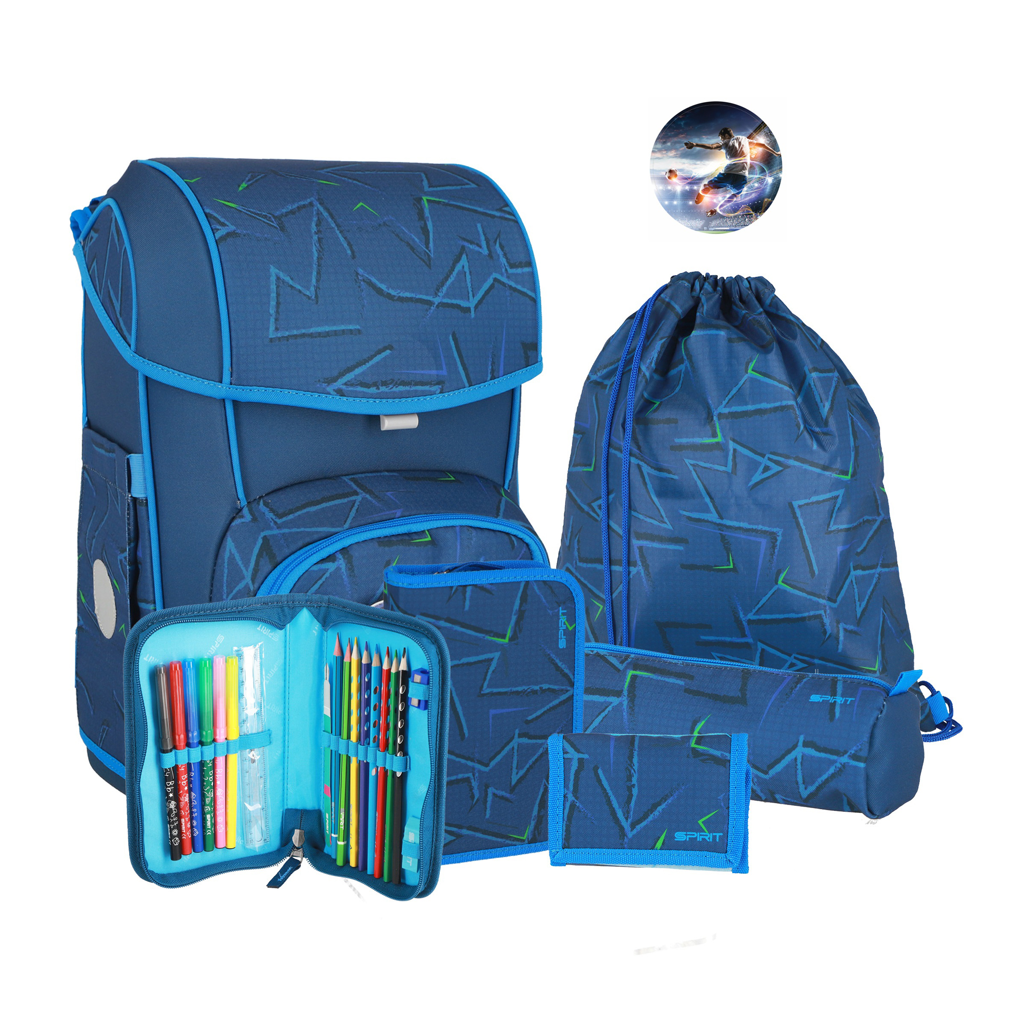 Blauer Schulrucksack mit geometrischem Muster. Enthält Federmäppchen, Sportbeutel und weitere Zubehörteile.