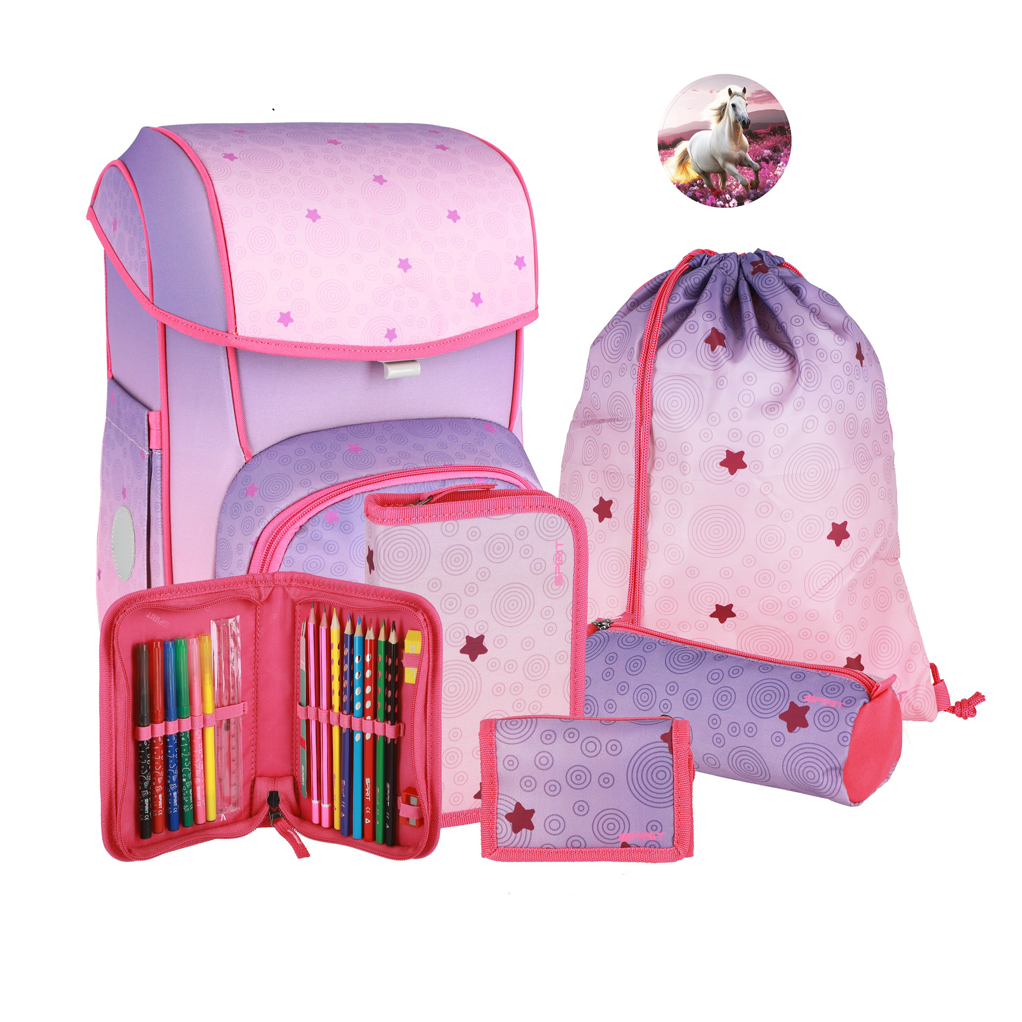 Rucksack in lila und rosa mit Sternen und spiralförmigen Mustern. Enthält ein Federmäppchen, eine Sporttasche und eine Geldbörse.