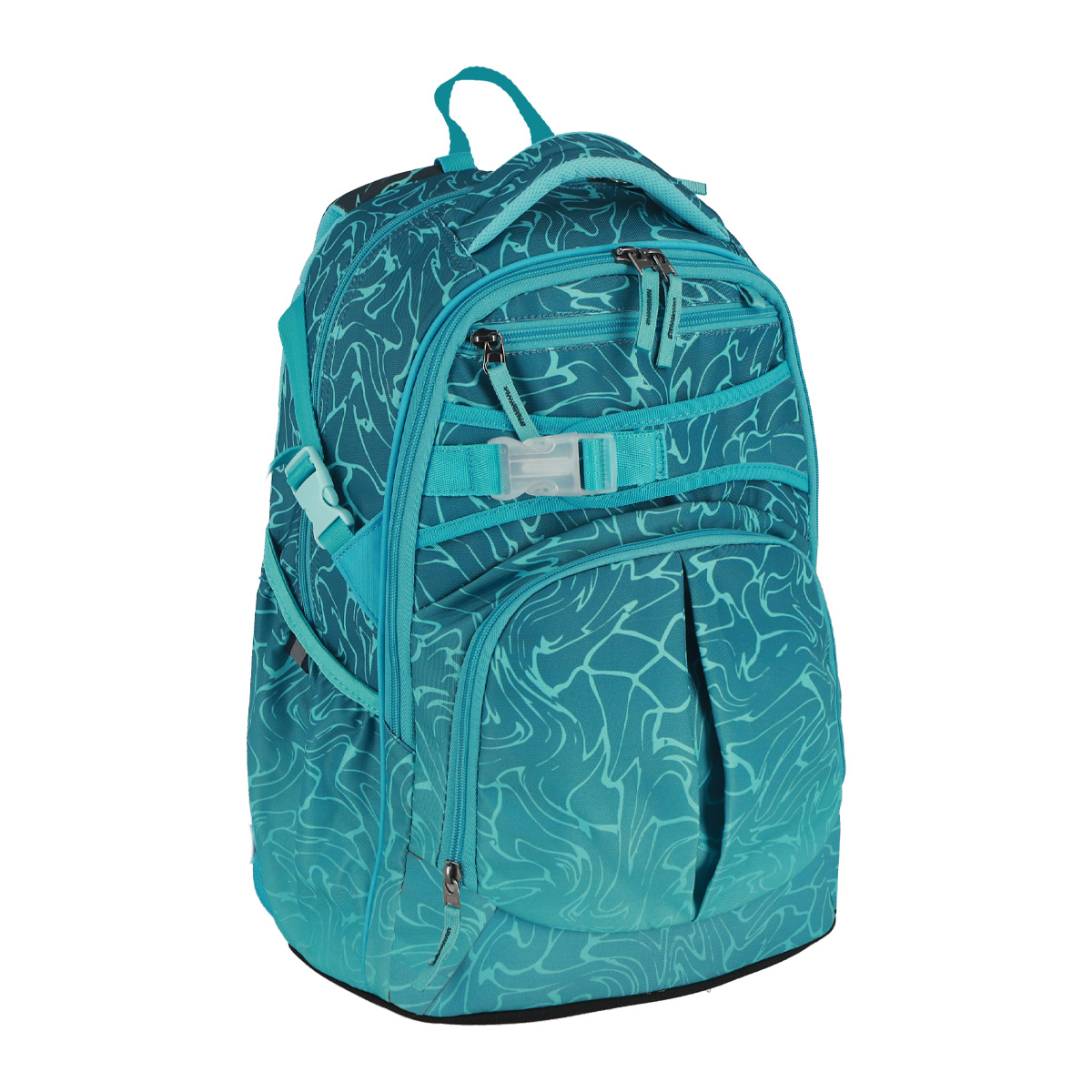 Türkisfarbener Rucksack mit einem wellenförmigen Muster. Mehrere Fächer und ein Tragegriff oben.