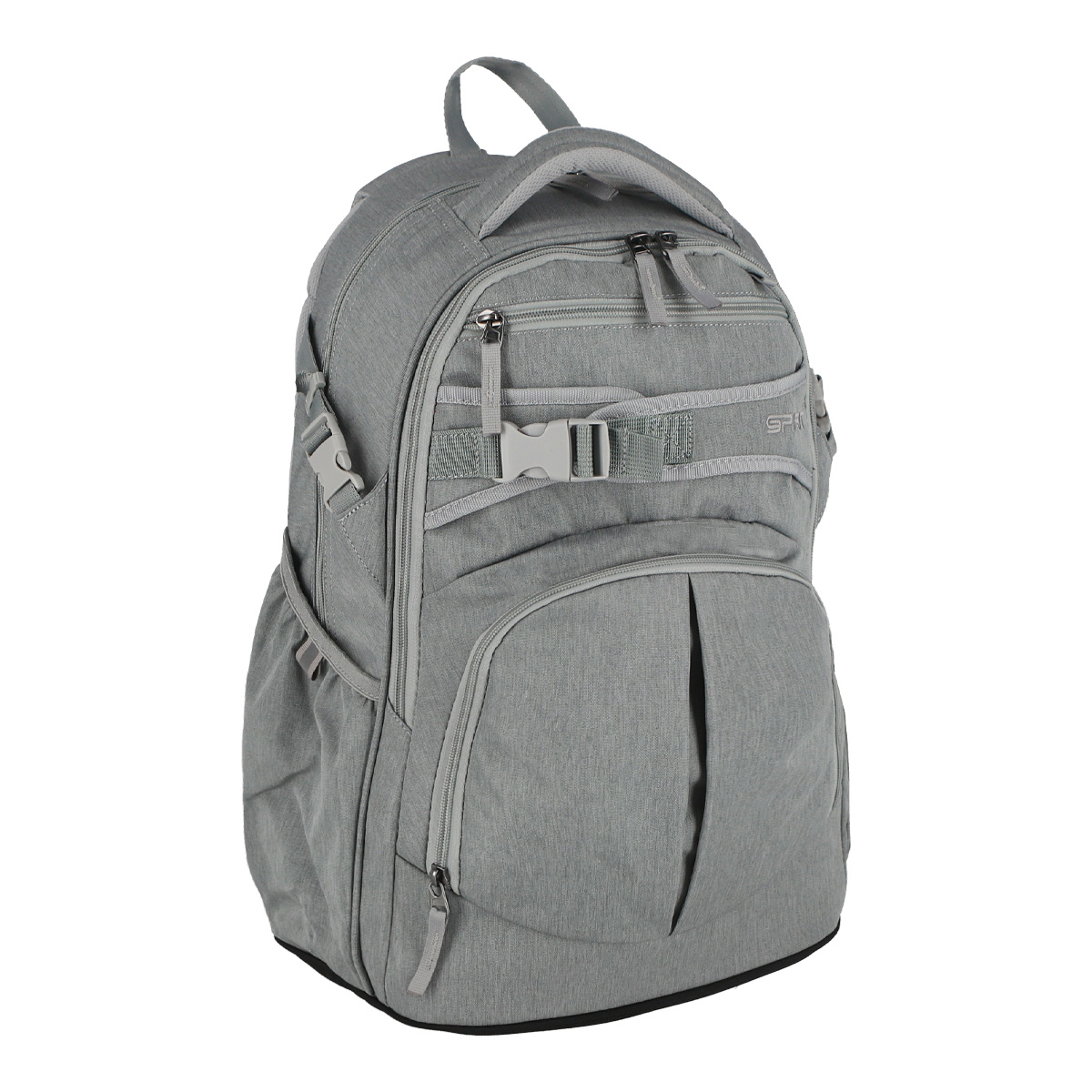 grauer Rucksack mit mehreren Fächern. Gepolsterte Rückseite und Tragegurte. Reißverschlüsse und Schnallen sichtbar.