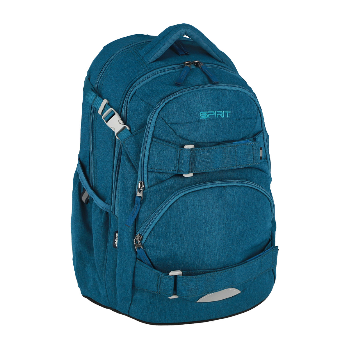 Türkisfarbener Rucksack mit mehreren Fächern. Gepolsterte Träger und ein stabiler Griff.