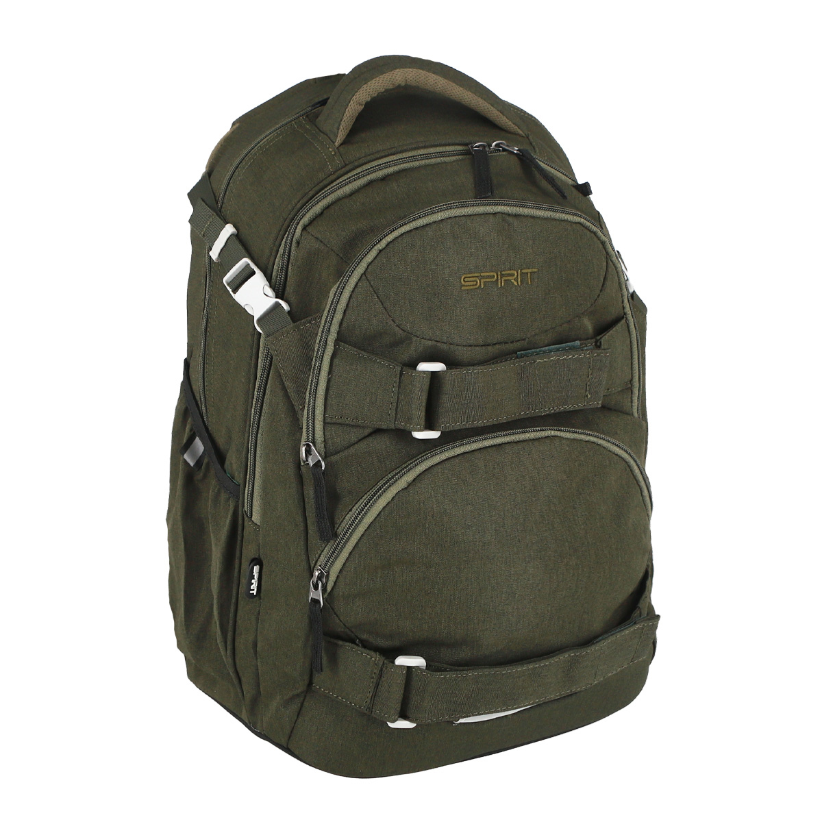 Dunkelgrüner Rucksack mit mehreren Fächern. Robustes Material und gepolsterte Träger.