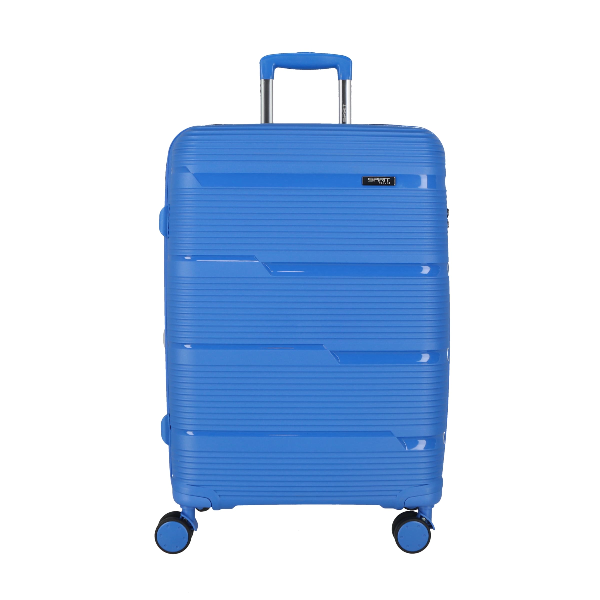 blauer Koffer mit strukturiertem Design. Ausgestattet mit Rollen und einem ausziehbaren Griff.