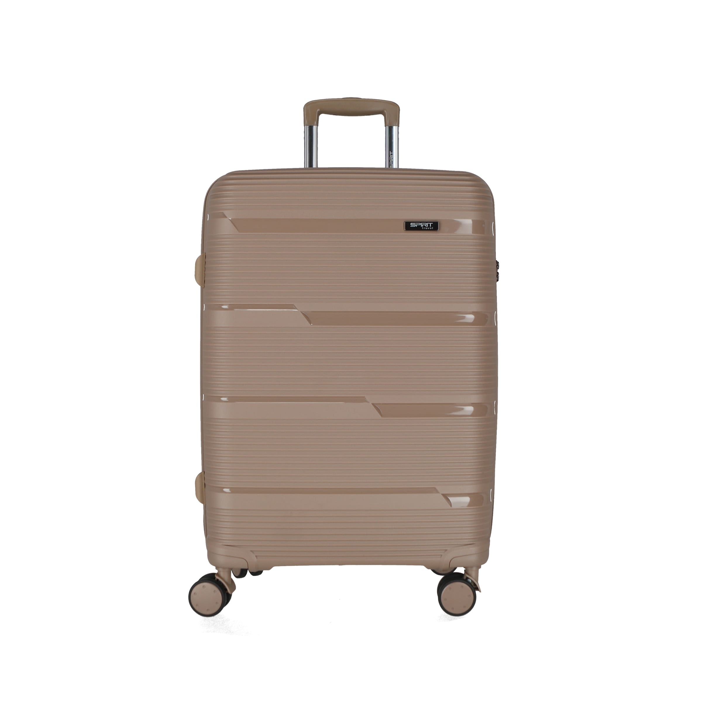 Beige Hartschalenkoffer mit horizontalen Rillen. Ausgestattet mit einem ausziehbaren Griff und vier Rollen.