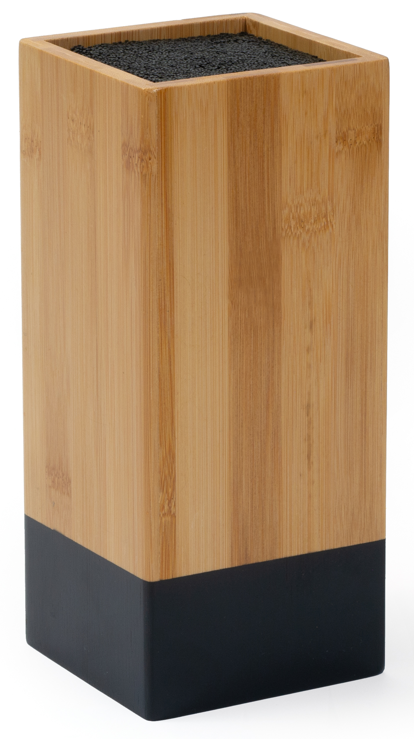 Rechteckiger Behälter aus Bambus. Oberseite schwarz, untere Hälfte naturfarben. Glatte Oberfläche, schlichtes Design.