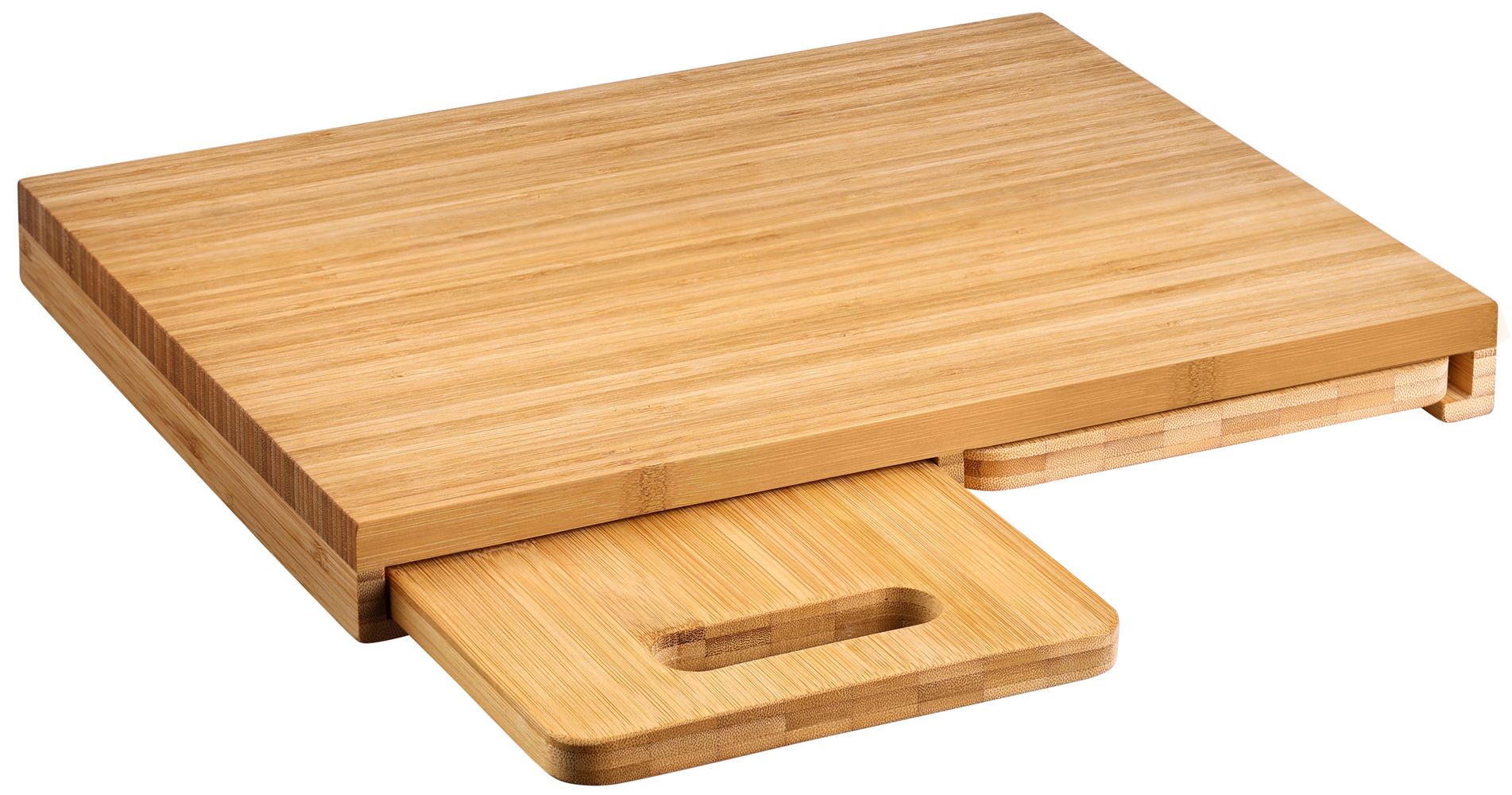 Holzschneidebrett aus Bambus. Rechteckige Form. Herausziehbare kleine Platte für zusätzliche Nutzung.