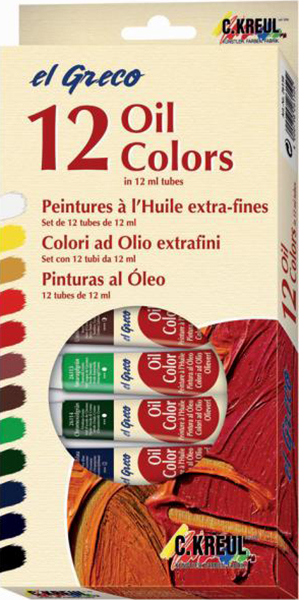 Packung mit 12 Ölfarben in 12 ml Tuben. Farben sind in einem Bogen angeordnet. Auf der Vorderseite steht 'el Greco' und 'Oil Colors'.
