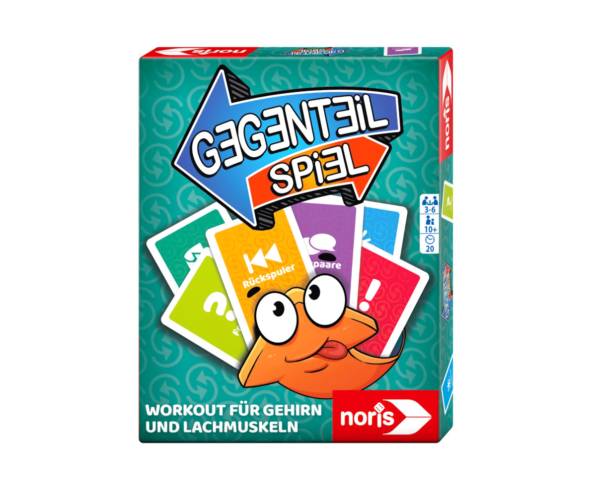 Spielverpackung mit dem Titel 'Gegenteil Spiel'. Bunte Karten und ein lustiges Fischmotiv sind abgebildet.