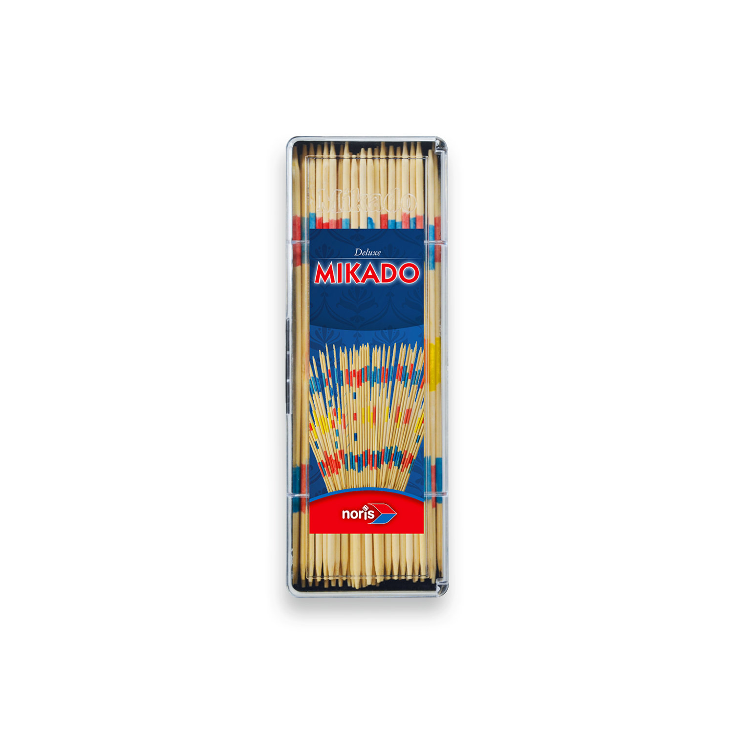Verpackung mit Mikado-Stäbchen in verschiedenen Farben. Stäbchen sind in einer transparenten Box.