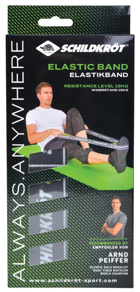 Schwarze Verpackung mit einem elastischen Band. Abgebildeter Mann nutzt das Band für Übungen.
