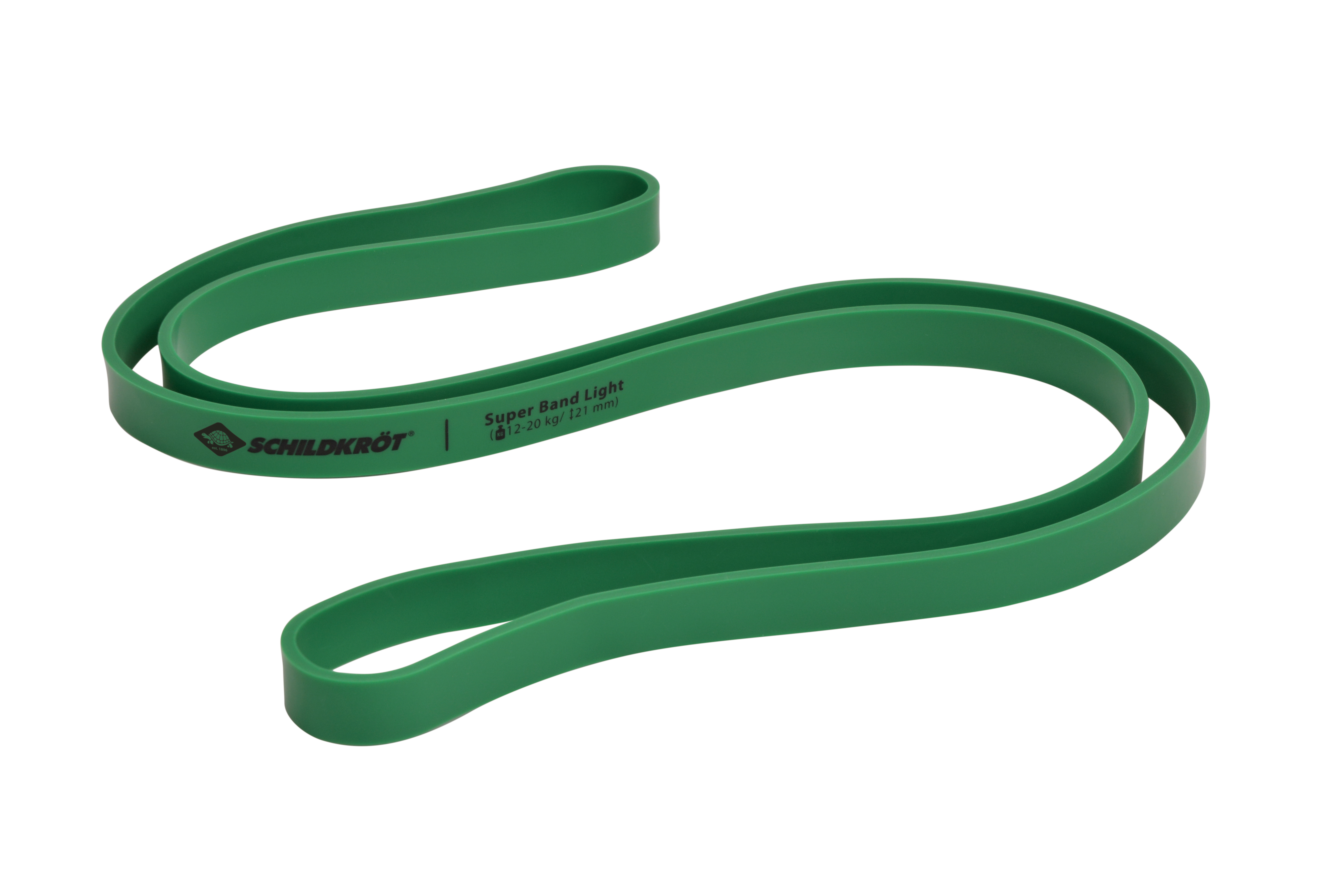 grüne Widerstandsbänder, flach und elastisch. Beschriftung mit 'Super Band Light', Gewicht 12-20 kg.