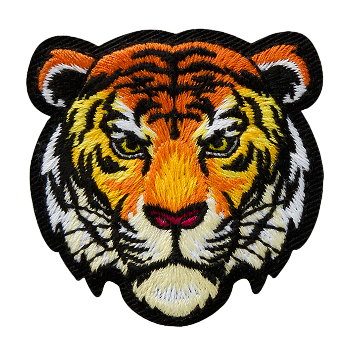 Gestickter Aufnäher eines Tigerkopfes. Lebendige Farben mit orangefarbenem und schwarzem Muster.