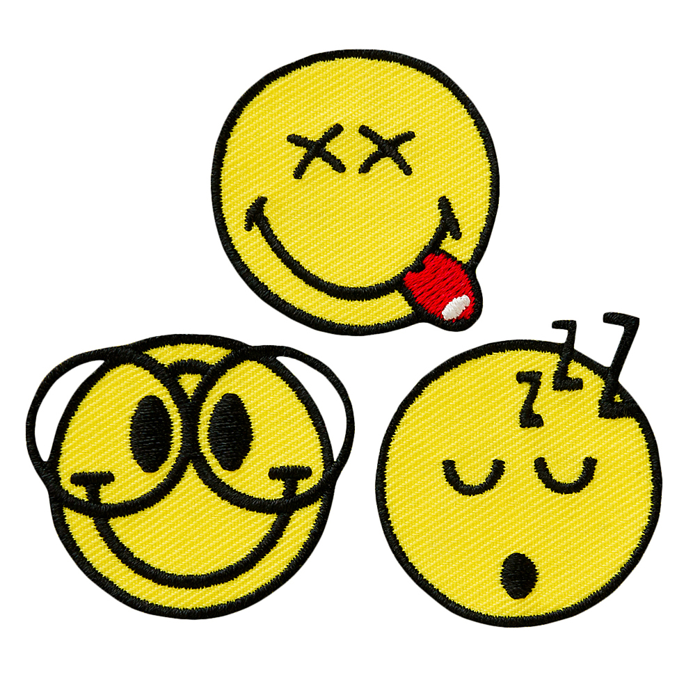 Drei gelbe Emoji-Patches. Verschiedene Gesichtsausdrücke: tot, frech und schlafend.