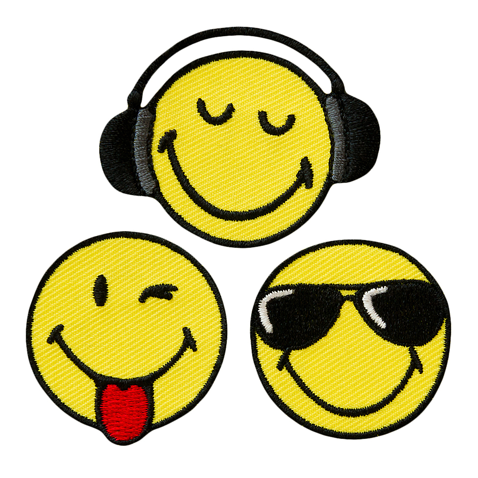 Drei gelbe Smileys mit verschiedenen Gesichtsausdrücken. Einer trägt Kopfhörer, einer macht einen Zungenrausstrecker und einer hat Sonnenbrille.