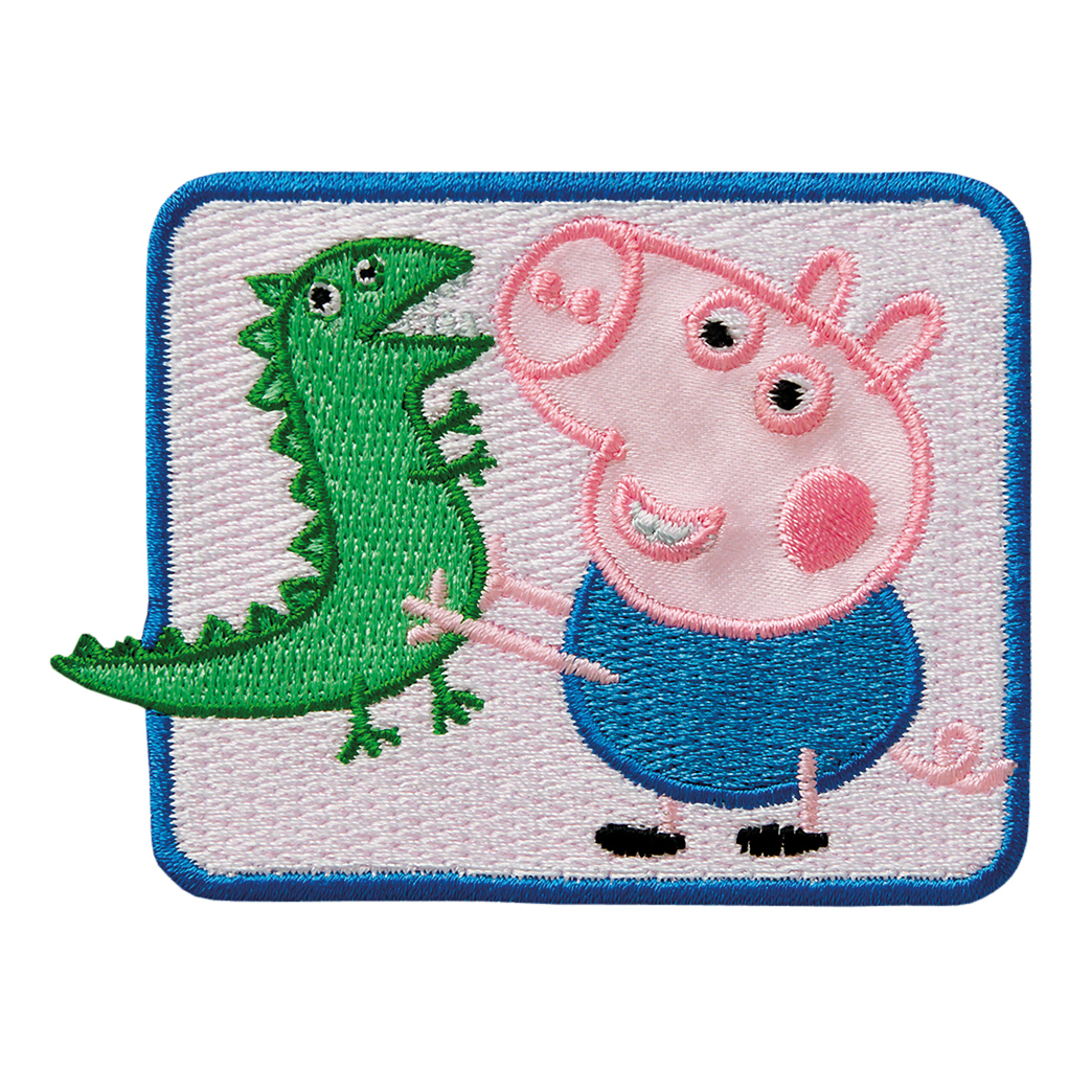 Ein gestickter Patch mit einem rosa Schwein und einem grünen Dinosaurier. Beide Figuren lächeln und stehen nebeneinander.