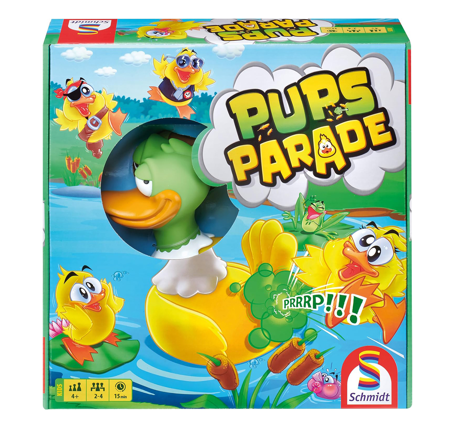 Spielverpackung für Purs Parade. Abgebildet sind Enten und eine grüne Figur.