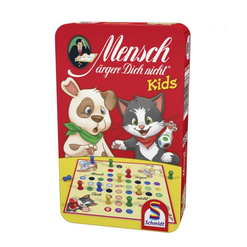 Spielverpackung von Mensch ärgere Dich nicht Kids. Abgebildete Tiere sind ein Hund und eine Katze.