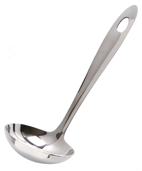 Edelstahl-Löffel mit langem Griff und runder Schöpfkelle. Glänzende Oberfläche.