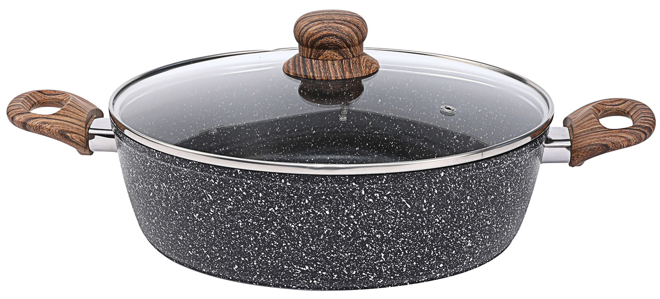 Schwarzer Kochtopf mit speckled Muster und Glasdeckel. Holzoptik-Griffe an den Seiten.
