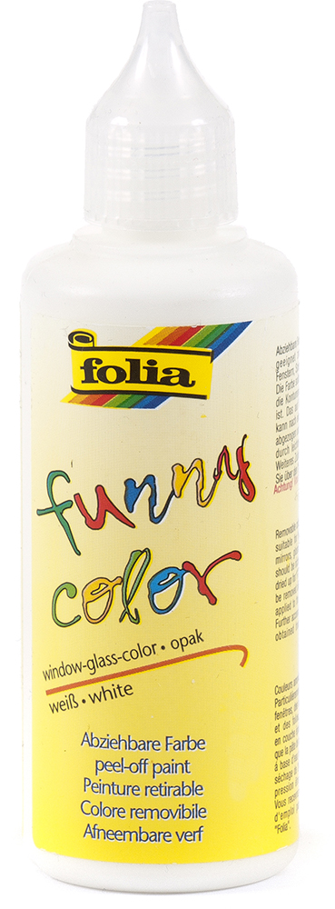Weißer Flasche mit spitzem Ausguss. Beschriftung in bunten Farben, Produktname 'funny color'.