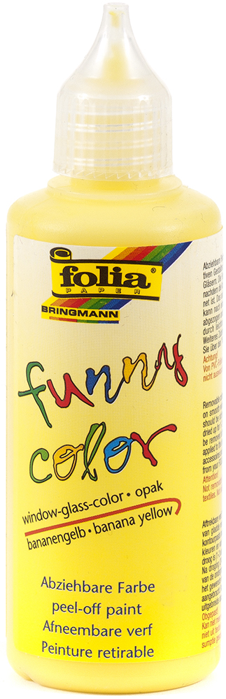 Gelbe Flasche mit Abziehfarbe für Fenster. Beschriftung in bunten Buchstaben.