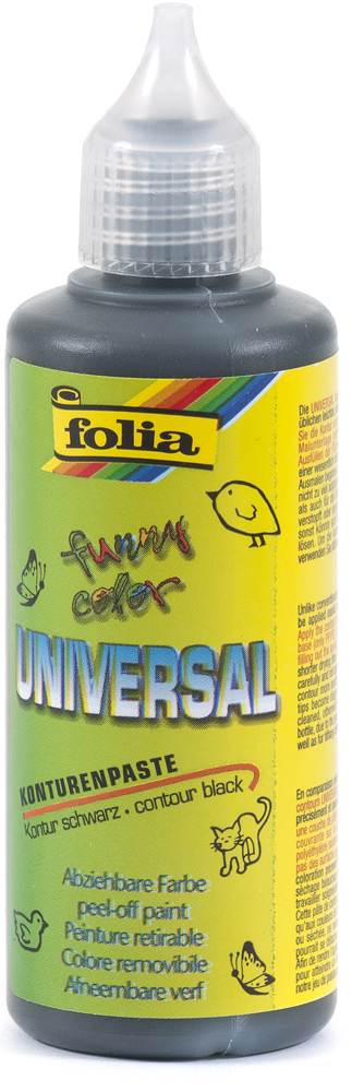 Schwarze Konturenpaste in einer Flasche. Verpackung in Gelb mit bunten Akzenten.