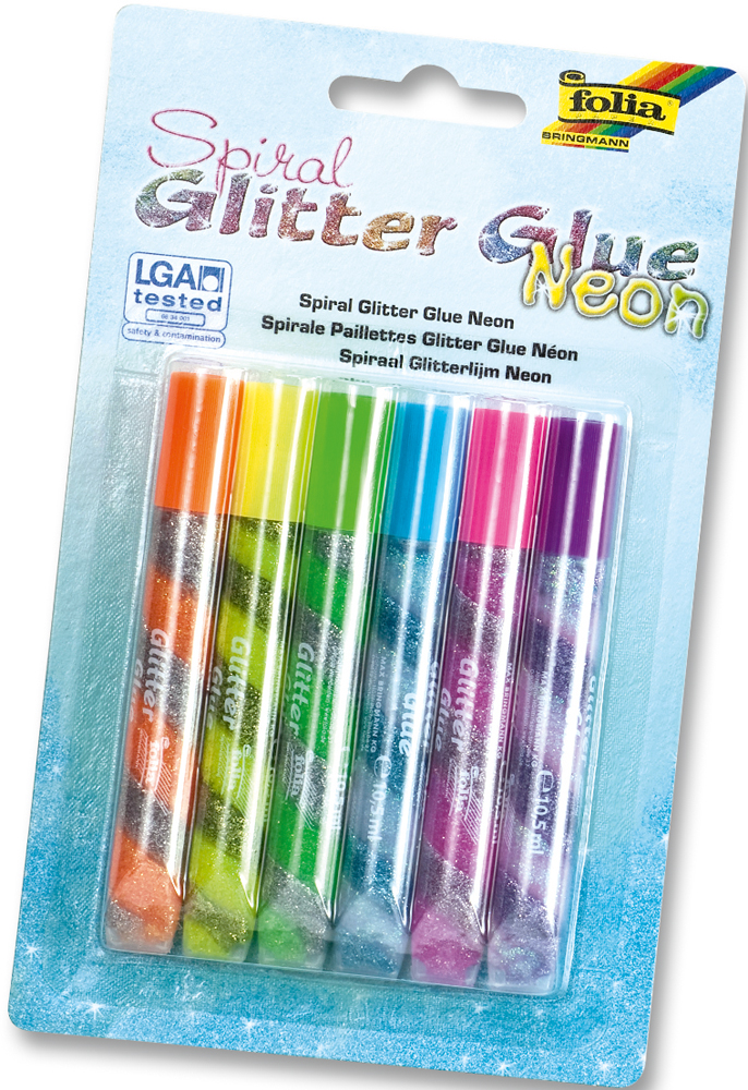 Set mit sechs Neon-Glitzerklebern in verschiedenen Farben. Die Verpackung ist transparent mit einem glitzernden Hintergrund.
