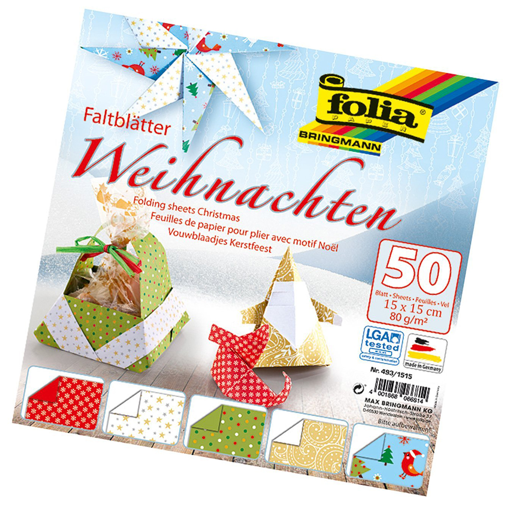 FOLIA Faltblätter Weihnachten 15 cm x 15 cm 50 Blatt mehrere Farben