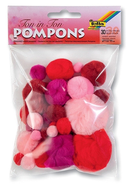 30 Pompons in verschiedenen Rottönen und Rosa. Unterschiedliche Größen und Formen.