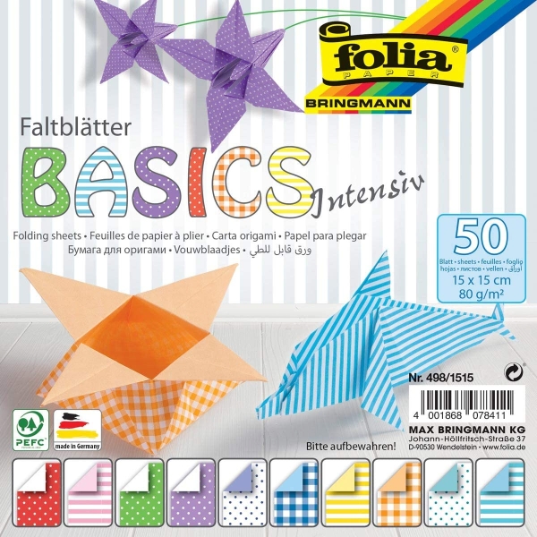 Faltblätter für Origami in verschiedenen Farben. 50 Blatt, 15 x 15 cm.