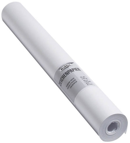 Rolle Zeichenpapier, weiß. Verpackt mit einem grauen Etikett. Für Zeichnungen und Skizzen geeignet.