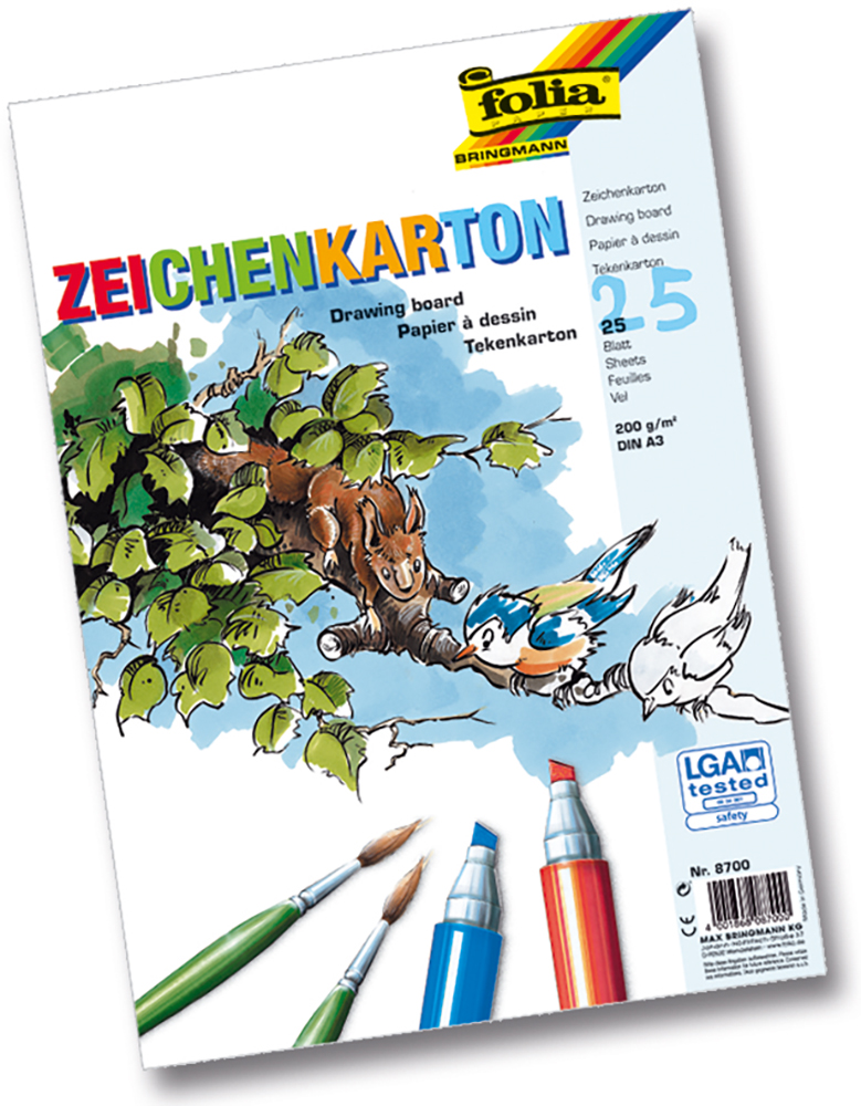 Zeichenkarton mit bunten Illustrationen von Vögeln und Blättern. Verpackung zeigt Pinsel und Marker.