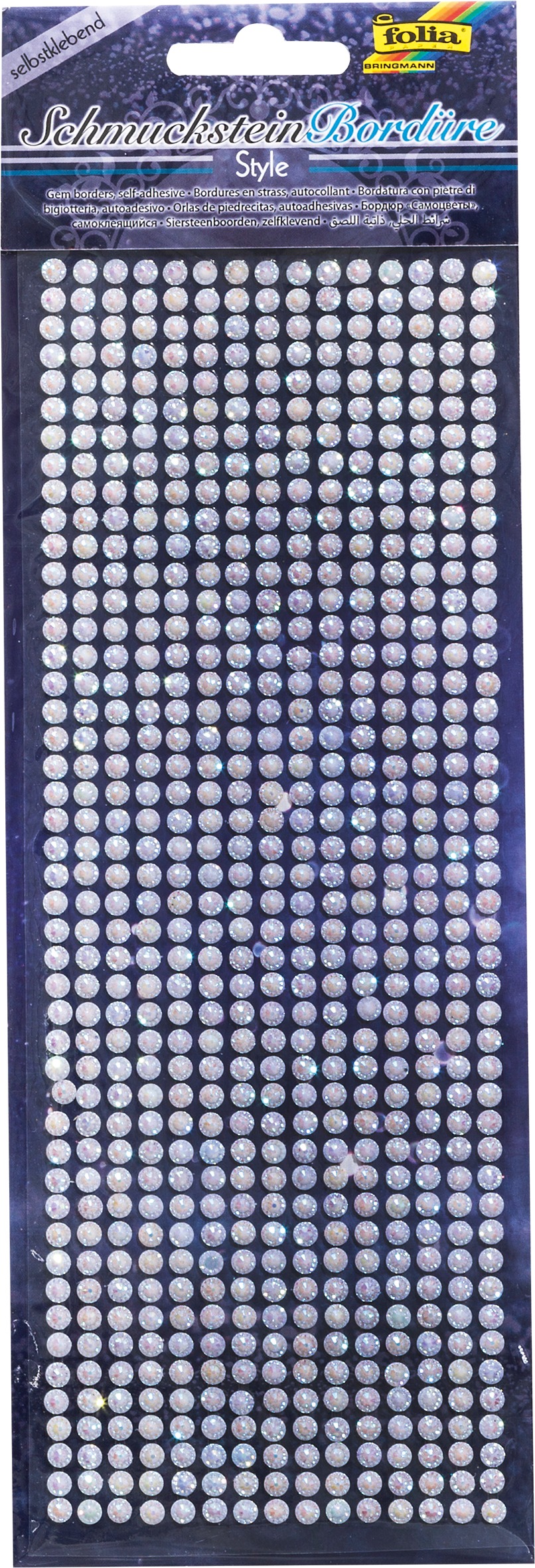 Selbstklebende Schmucksteine in verschiedenen Größen. Glänzende, farbige Oberflächen. Anordnung in Reihen auf schwarzem Hintergrund.