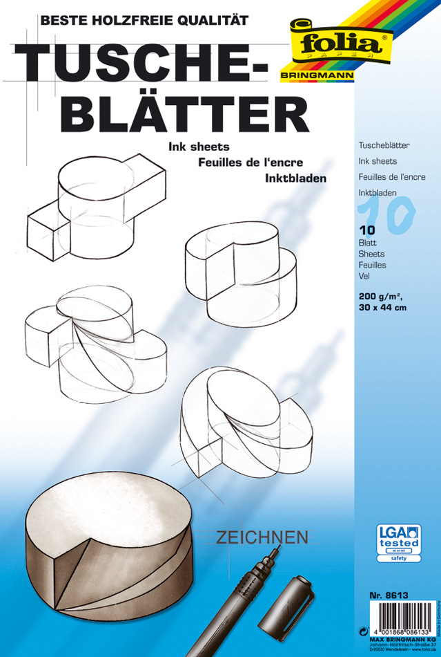 Packung mit Tuscheblättern. 10 Blätter, 200 g/m². Größe 30 x 44 cm. Abbildung von geometrischen Formen und einem Zeichenstift.
