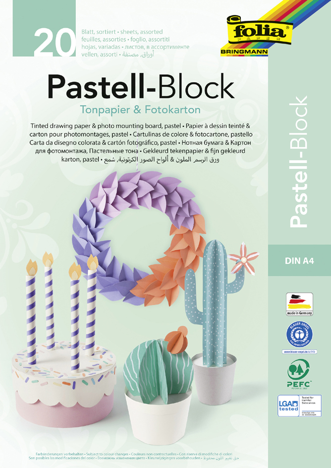 FOLIA Tonpapier & Fotokarton Pastell-Block 20 Blatt DIN A4 mehrere Farben