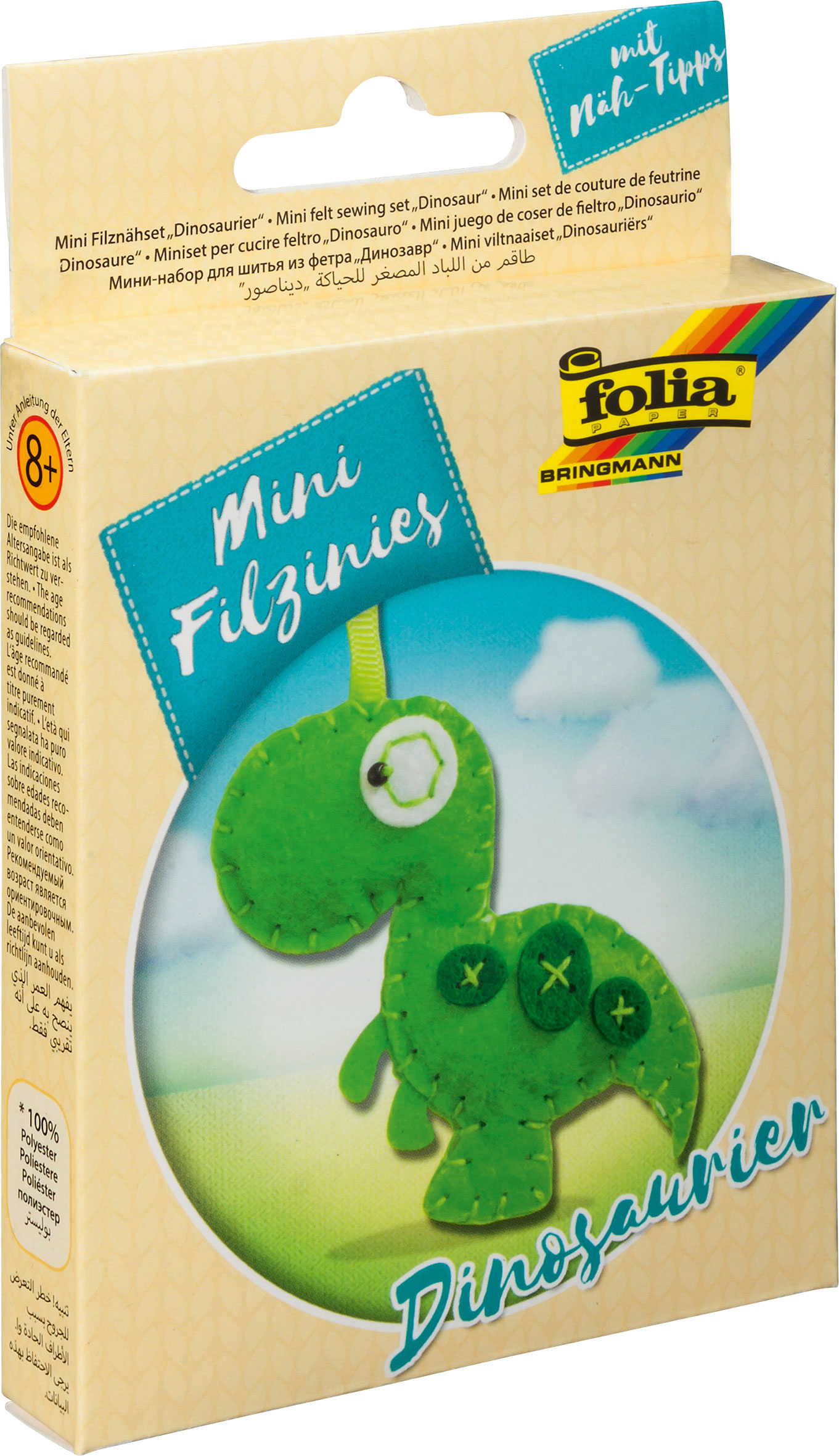 Mini Nähset mit einem Dinosaurier aus Filz. Enthält Nähmaterial und Anleitung.