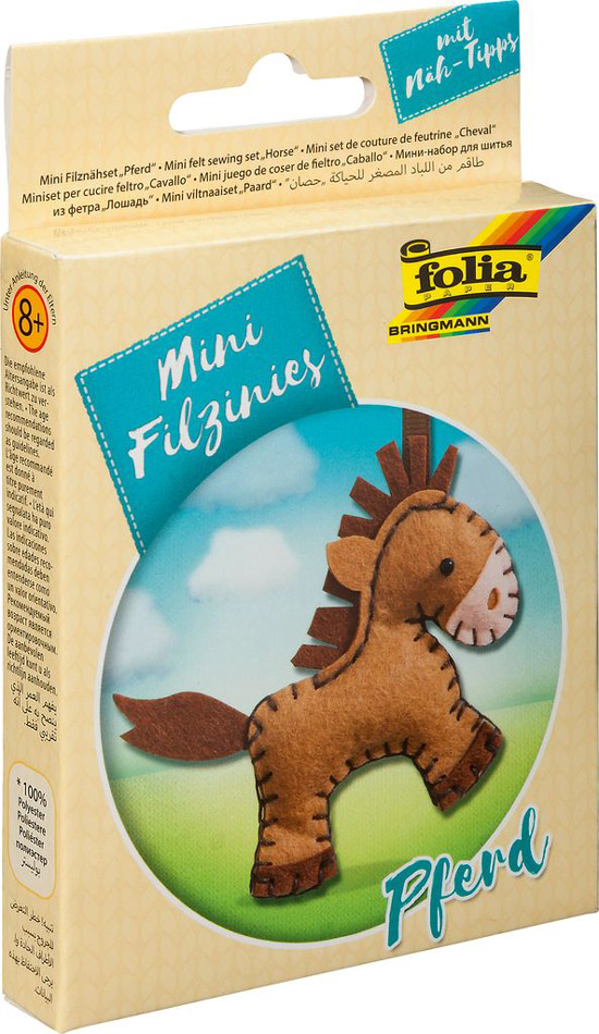 Kartonverpackung mit einem Mini Filz Nähset für ein Pferd. Das Set enthält Filzstücke und Nähanleitungen.