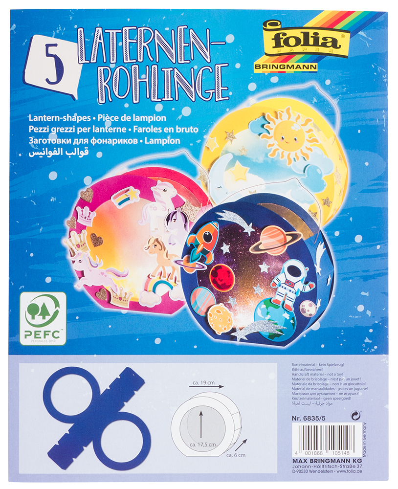 Packung mit 5 Laternenrohlingen. Bunte Designs: Sonne, Planeten, Einhorn. Materialien zum Basteln. Größe ca. 19 cm Durchmesser.