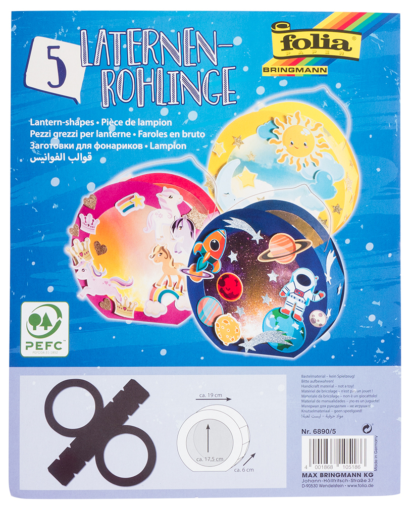 Packung mit fünf Laternenrohlingen in verschiedenen Designs. Enthält Motive wie Sonne, Planeten und Einhörner.