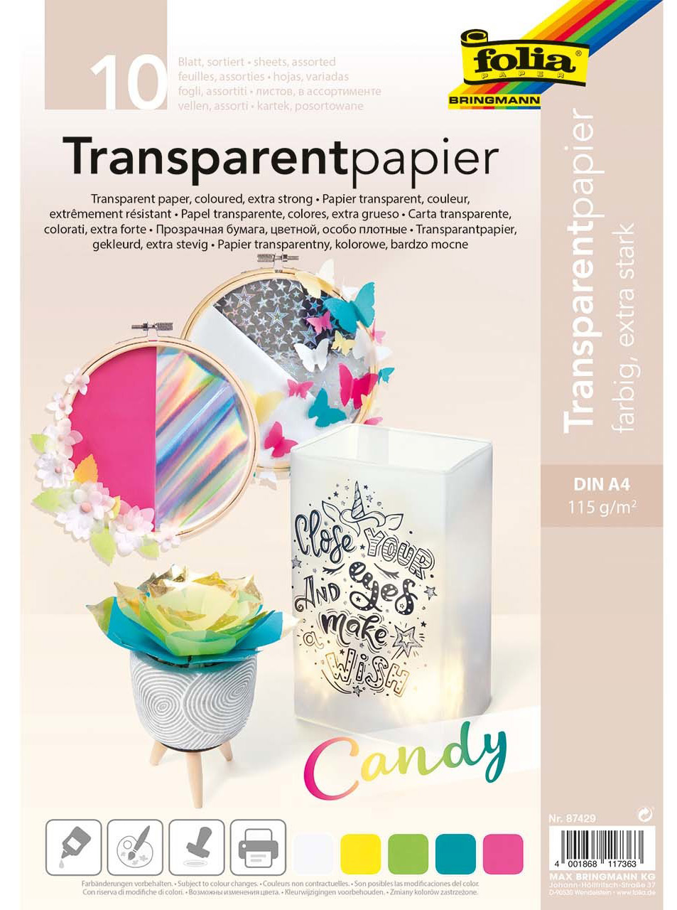 FOLIA Transparentpapier A4 Candy 10 Blatt mehrere Farben