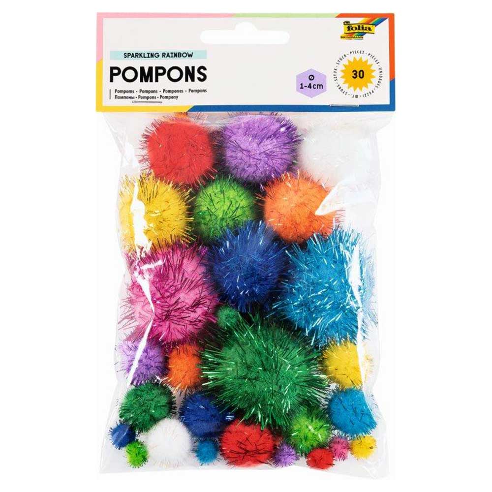 Bunte Pompons in verschiedenen Größen. Farben umfassen Rot, Blau, Grün, Gelb, Lila und Weiß.
